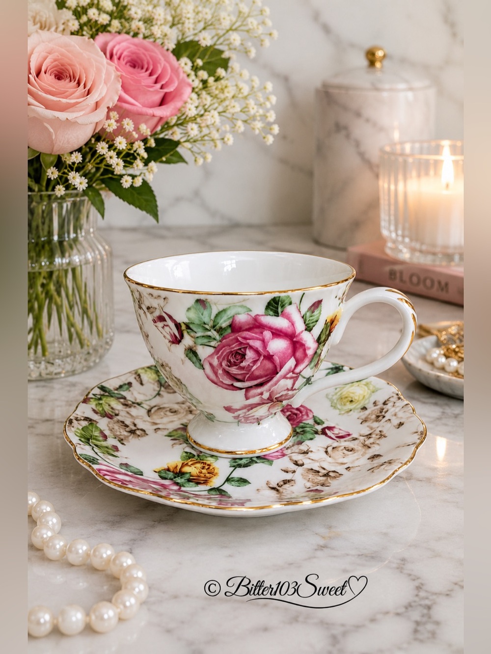 🔴 Vintage Floral Rose Teacup & Saucer Set Gold Trim Elegant Tea Cup